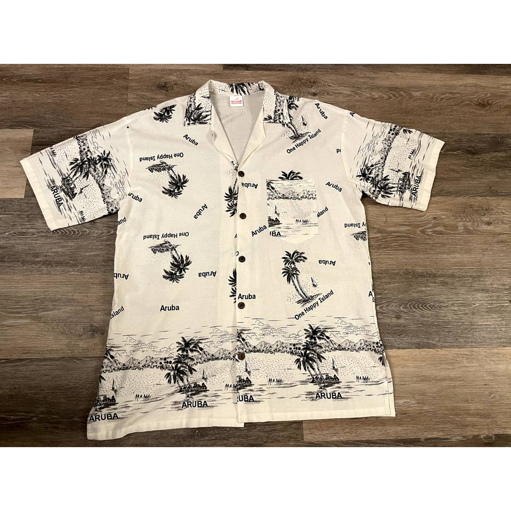 Vintage Men's black and white hawaiian shirt Caribbean islands Aruba size Large